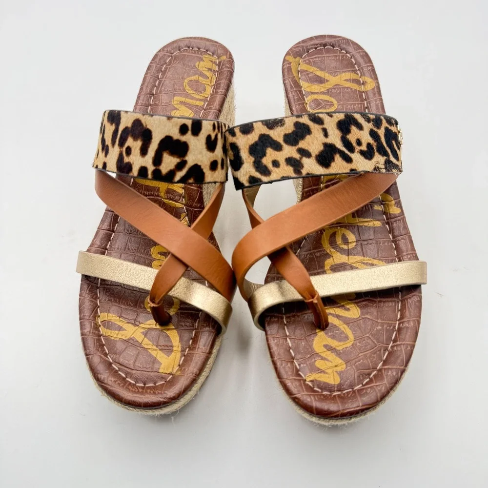 Sam Edelman Leopard Calf Hair Espadrille Platform Wedge Sandals Women's Size 6